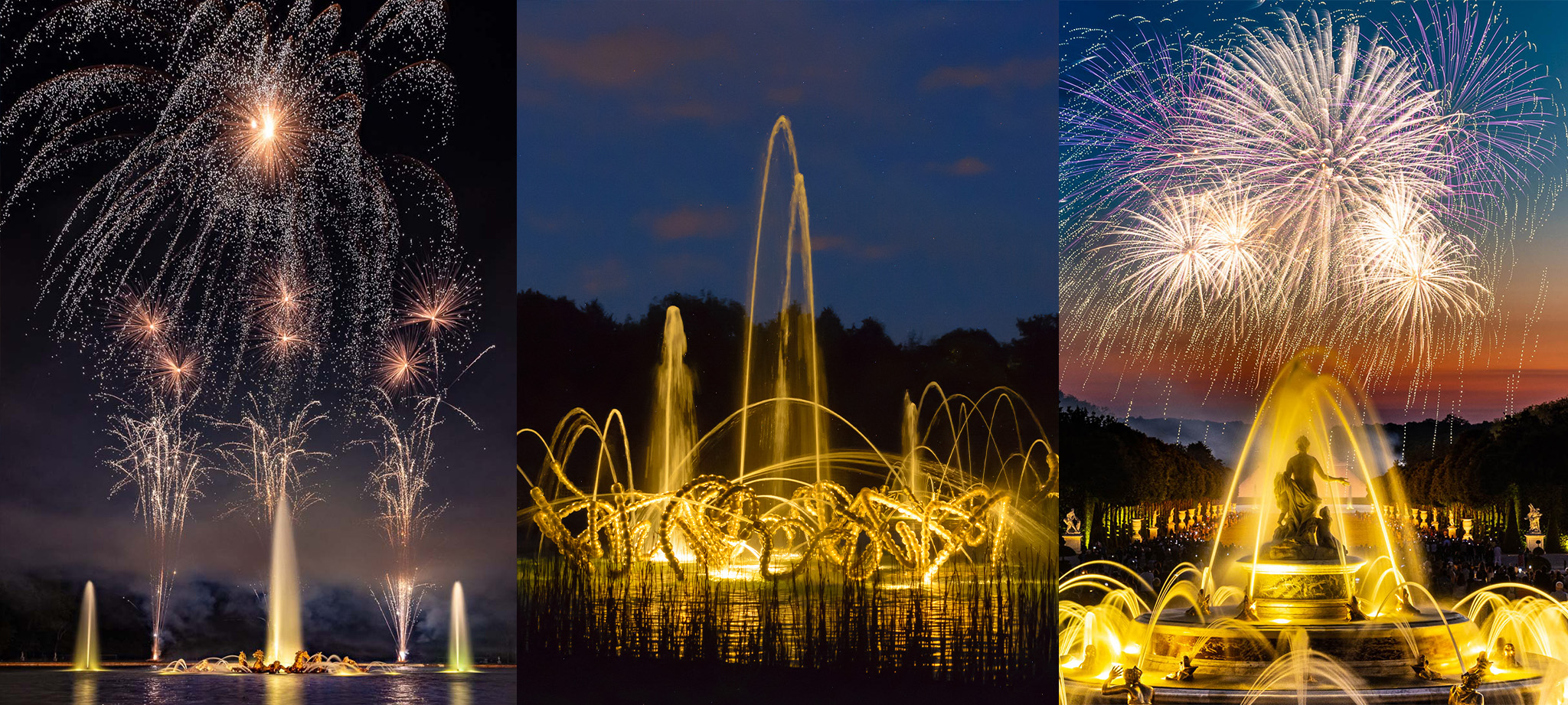 The Night Fountains Show at the Palace of Versailles: firewords at the palace of versailles, Chateau de versailles, in the gardens with fountains. © Nicolas Chavance