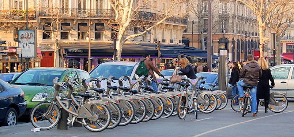 Velib bikes on the Champs-Elysées
